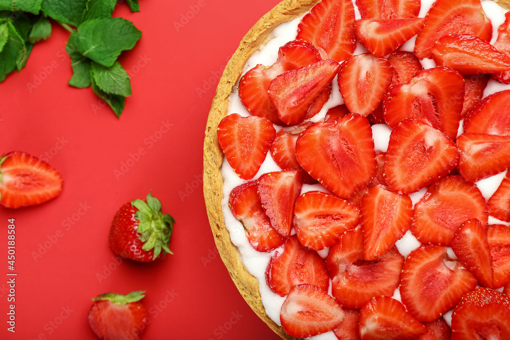 Tasty strawberry pie on color background, closeup Tasty strawberry pie on color background, closeup