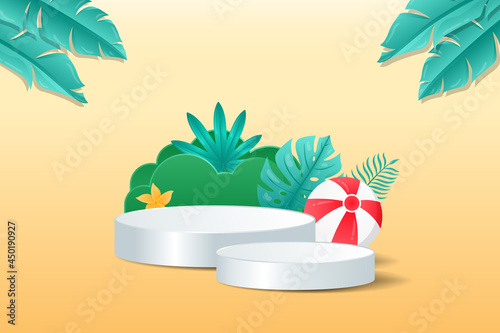 Tropical 3d display podium decoration in warm background with realistic tropical plants. Product presentation suitable for summer.