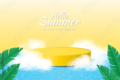 Beautiful Tropical display yellow podium decoration in nature background with realistic clouds and tropical plants. Product presentation suitable for summer.