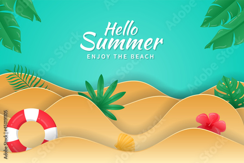 Summer background in paper cut style with pool floats, starfish and tropical plants. Beach background suitable for Summer.