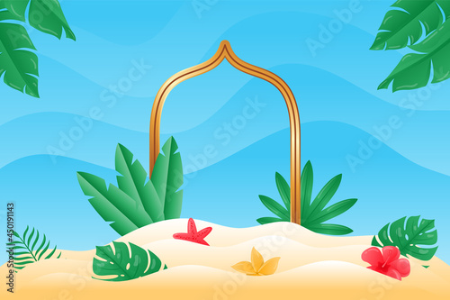 Beautiful Tropical Summer background in paper cut style with starfish, tropical flowers and tropical plants. Tropical background suitable for Summer.