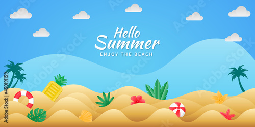 Islamic Background with Mosque in paper stylePaper cut style Summer background with beach balls, pool floats, beach animals and tropical plants. Beach background suitable for Summer.