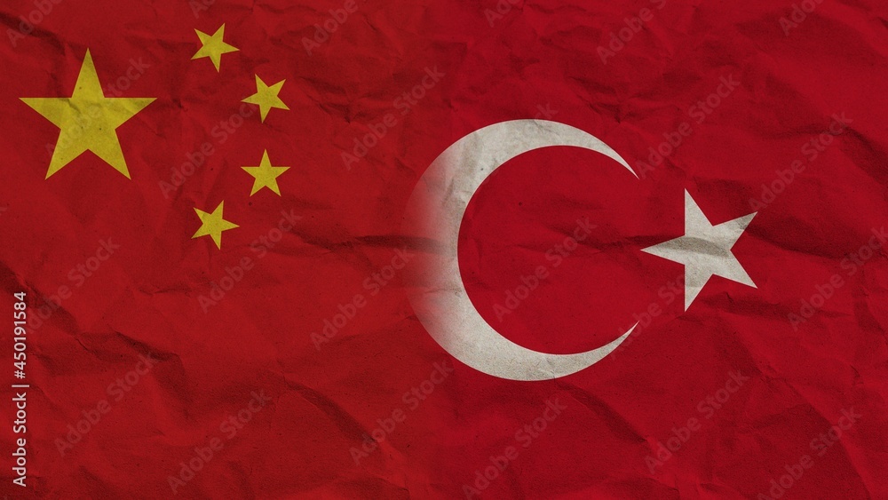 Turkey and China Flags Together, Crumpled Paper Effect Background 3D Illustration