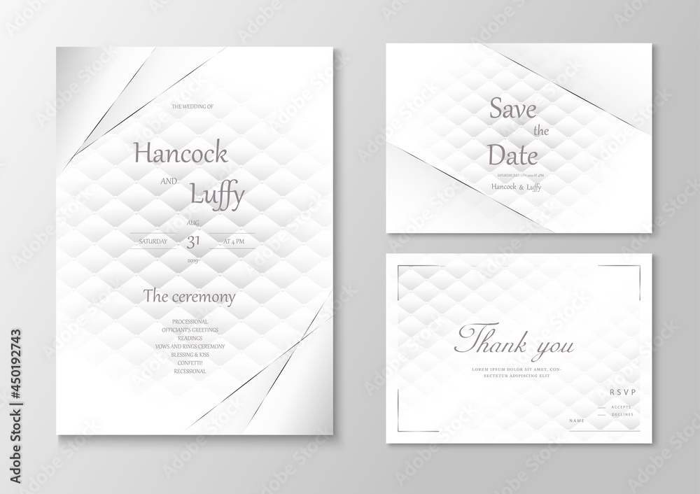  Elegant wedding invitation card template design luxury background with white and gray. Vector illustration.Eps10