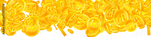 Korean won coins falling. Creative scattered WON coins. Korea money. Lively jackpot, wealth or success concept. Vector illustration.