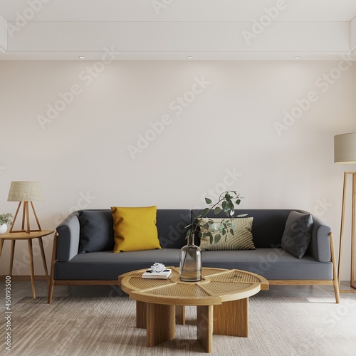 Modern living room with sofa front of white wall