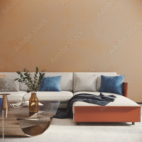 Modern living room with sofa and empty wall