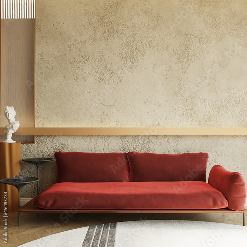 Red sofa in a room front of the concrete wall