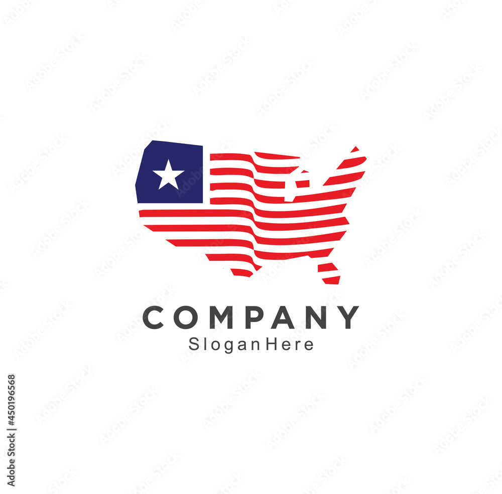 USA wave stars and stripes map logo Stock. United States America USA country flag inside country border map design suitable for a logo icon design