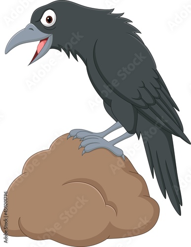 Cartoon crow standing in stone on white background