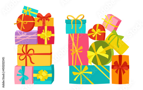 Gift Box pile with Ribbon, birthday cartoon set. Giveaway present mountain, Holiday anniversary surprise stack gift symbol different shape. Sale shopping Birthday Party, Christmas or Wedding jumble