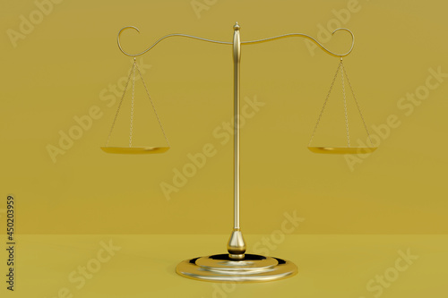 Golden Justice Scale isolated in yellow background with copy space. 3d render.