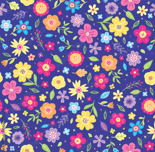 Cute, Ditsy Floral Seamless Vector Pattern. Brightly colored flowers on a deep, purple background. Repeating pattern can be used for webpages, packaging, backgrounds, or surface designs. 
