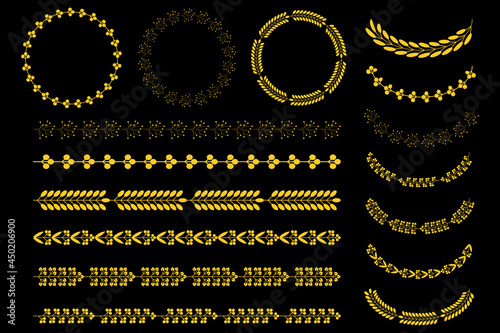 Wreaths spikelets set pattern for decorative design. Ear icon. Floral branch. Wedding decoration. Vector illustration. Stock image.