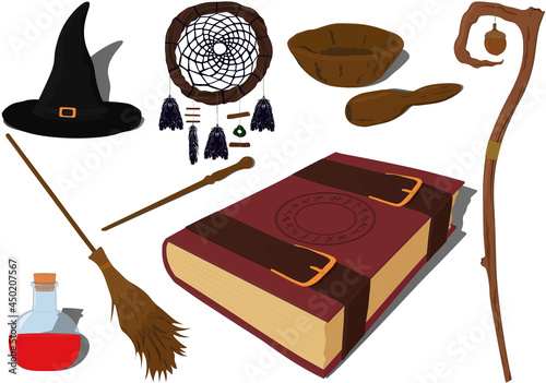 Wizarding and witchcraft magic items collection vector illustration