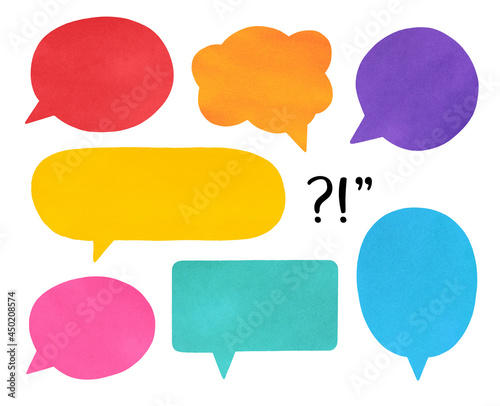 Bright multi color speech bubbles of various shapes and punctuation mark symbols. Hand painted watercolour graphic drawing, isolated clip art elements for design decoration, visit card, print, banner. photo