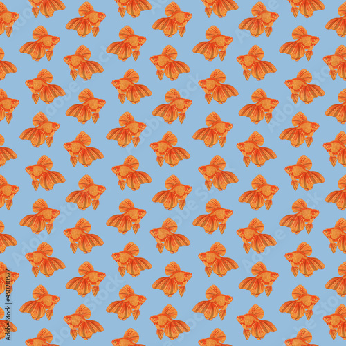 Digital illustration of orange detailed aquarium goldfish seamless pattern on blue background. High quality illustration