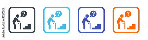 Old man with walking cane icon with issue accessibility to the stair vector illustration