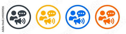 Announce icon. Person with speech bubble and megaphone icon.