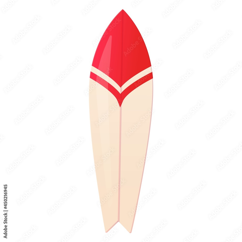 Surfboard red and white in realistic cartoon style. Active summer leisure concept Surfboard red and white in realistic cartoon style. Active summer leisure concept