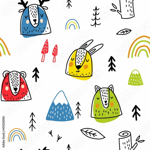 Vector children's pattern with funny animals in the forest in a scandinavian style