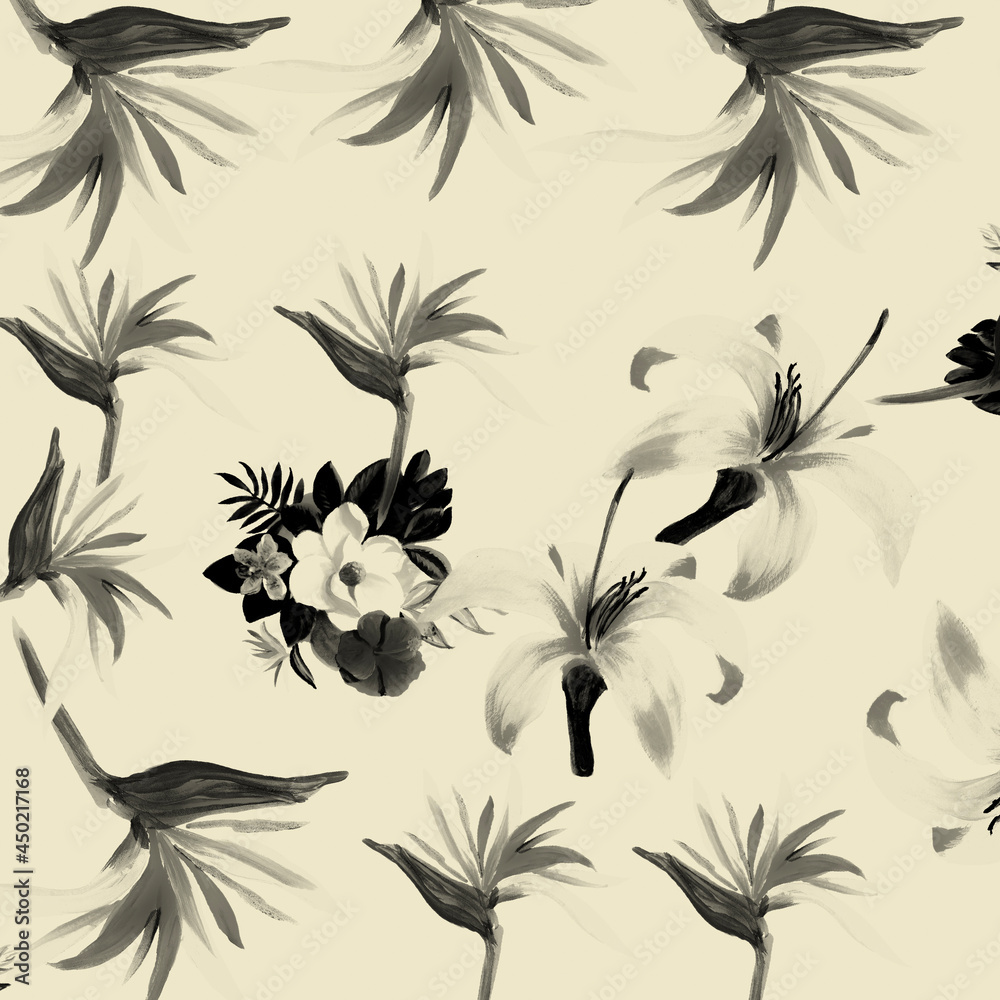 Gray Pattern Exotic. White Tropical Texture. Black Floral Botanical. Decoration Exotic. Floral Palm. Summer Hibiscus. Spring Hibiscus. Wallpaper Painting.