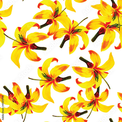 Yellow Seamless Nature. Beige Pattern Art. Golden Tropical Background. White Flower Plant. Floral Leaves. Wallpaper Textile. Flora Design. Spring Art.