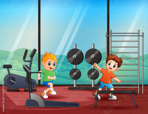 Cartoon illustration of happy boys in the gym