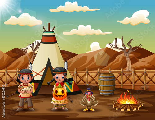 American indians children cartoon with teepees in the desert
