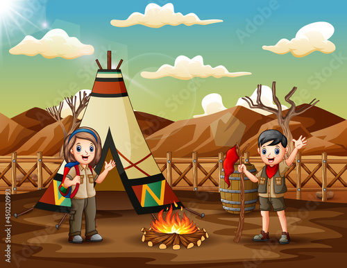 Happy scout boy and girl at camp site illustration