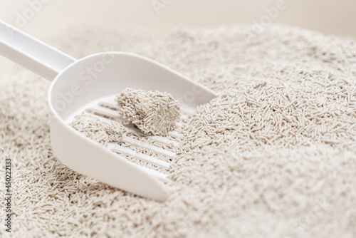 clumping tofu flushable Cat Litter on white scoop
