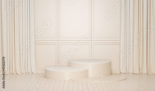 Modern classic interior scene with podium and abstract background. Pastel cream and white colors scene. Trendy 3d render for social media banners  promotion  cosmetic product show.  