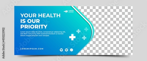 Medical horizontal banner template design. Gradient blue background color with place for the photo. Usable for banner, cover, header, and background.