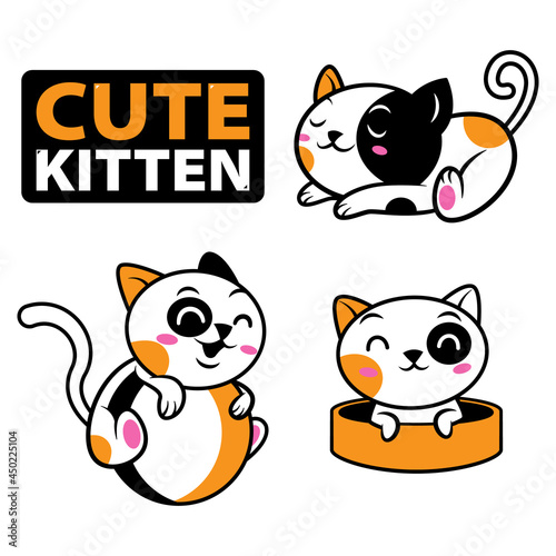 Set of cute kitten, playing a ball, bathing on bathtub, sleeping, with "cute kitten" text effect, suitable for sticker, decoration, t-shirt design for children