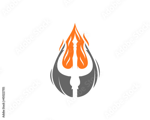 Trident silhouette in fire flame logo
