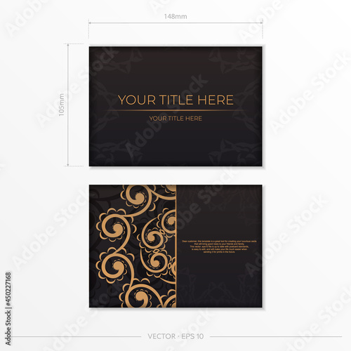 Rectangular Vector Preparing postcards in black with Indian ornaments. Template for design printable invitation card with mandala patterns.