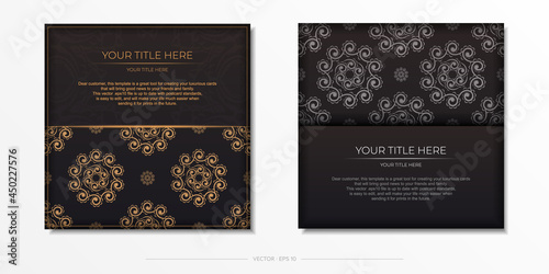 Square Vector Black color postcard template with Indian patterns. Print-ready invitation design with mandala ornament.