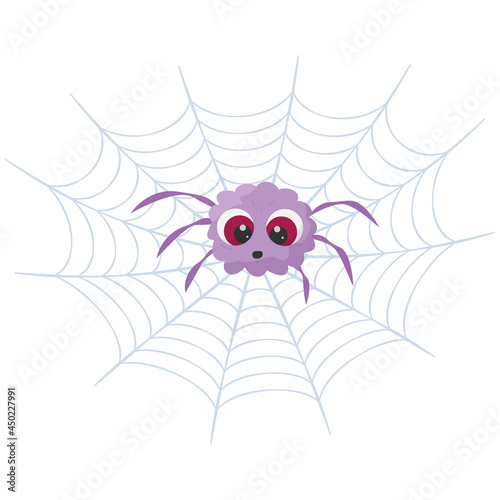 Cute purple spider on cobweb. Cartoon vector illustration