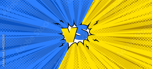 Versus symbol in comic background for battles. Blue and yellow halftone comic design. Vector illustration backdrop