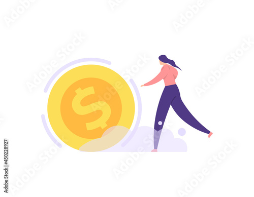 illustration of a businesswoman chasing a rolling coin. concept of achieving goals and profits  striving for success  running for money. flat cartoon style. vector business design