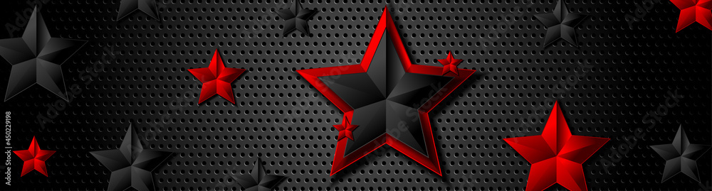 Trendy composition of red and black stars on black background. Dark metallic perforated texture design. Technology geometric illustration. Vector header banner - obrazy, fototapety, plakaty 