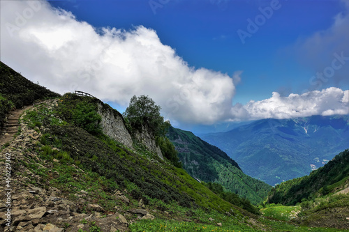 The path winds along the mountainside and hides. There are green plants and trees on the slopes. Blue sky. Clouds over the top of the mountain. Alpine meadows of the Caucasus. Krasnaya Polyana