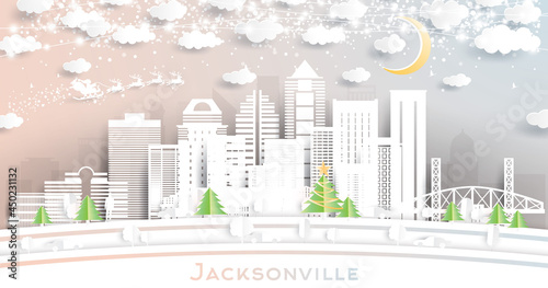 Jacksonville Florida City Skyline in Paper Cut Style with Snowflakes, Moon and Neon Garland.