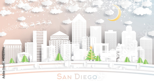San Diego California City Skyline in Paper Cut Style with Snowflakes, Moon and Neon Garland.