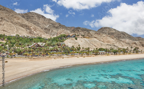 Coastline with mountains and hotels along the Red Sea in Eilat