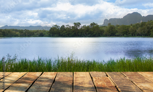 beautiful wood floor and natural river, grassland and mountain background