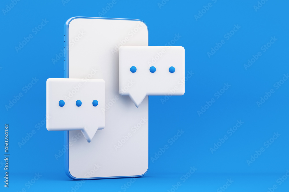 3d Smartphone with speech bubbleson blue background ,Communication and social media concept,3D Illustration background
