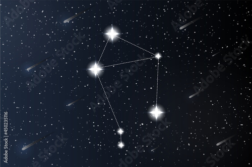 Libra. Zodiac constellation on outer space background. Mystery and esoteric. Horoscope vector illustration. Spiritual tarot poster. Magic occult tarot and astrology cards.