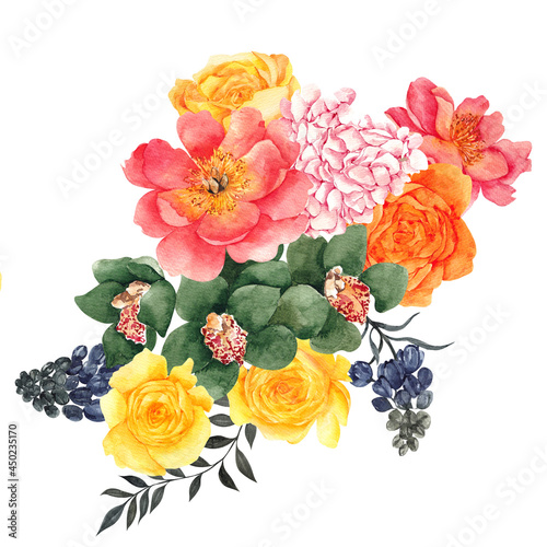 Watercolor floral illustration with colorful flowers and leaves, isolated on white background