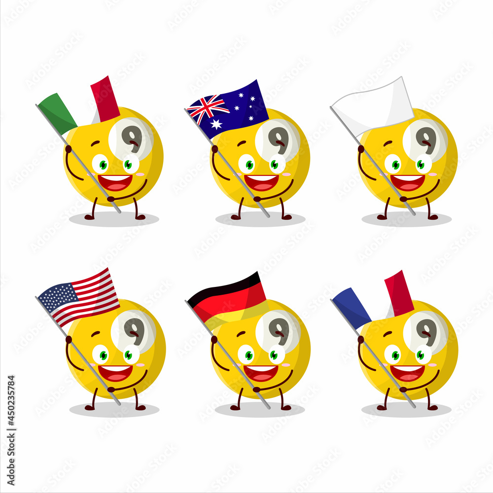 Billiards ball cartoon character bring the flags of various countries